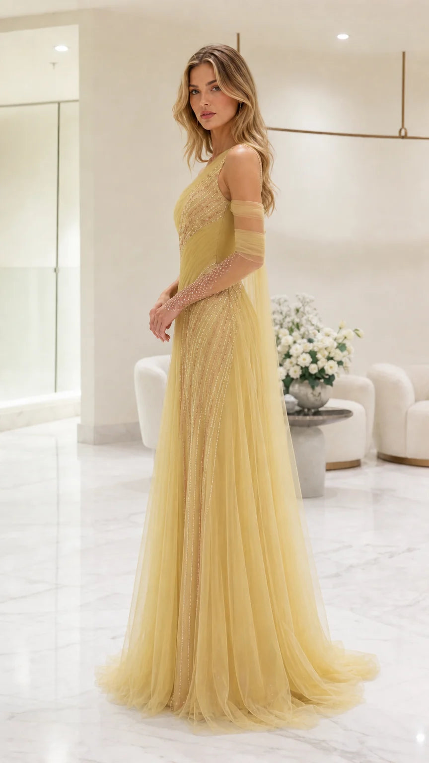 Side profile view of yellow evening gown