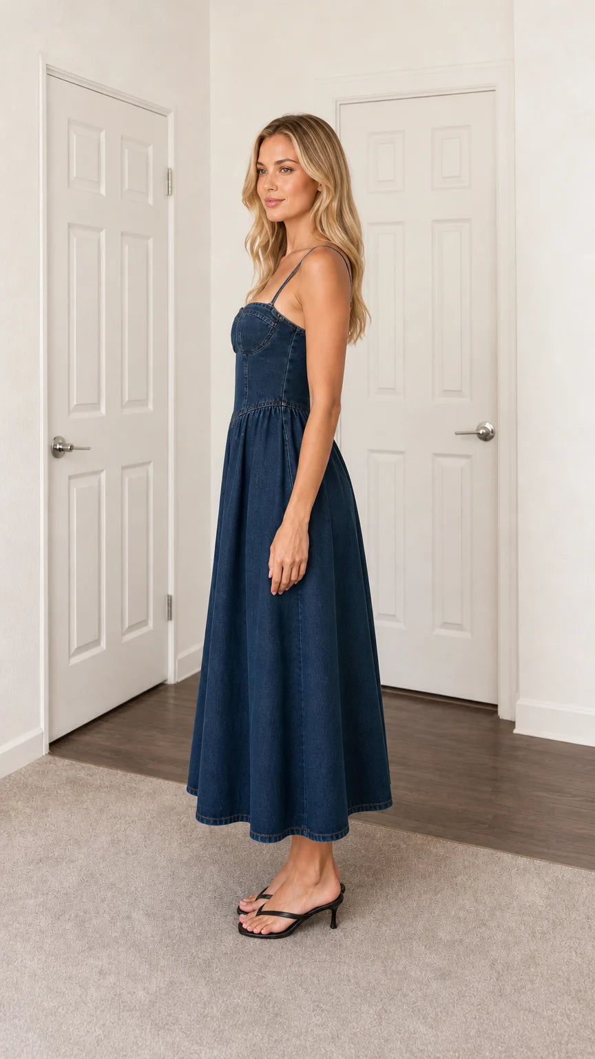 Side profile view of blue denim midi dress