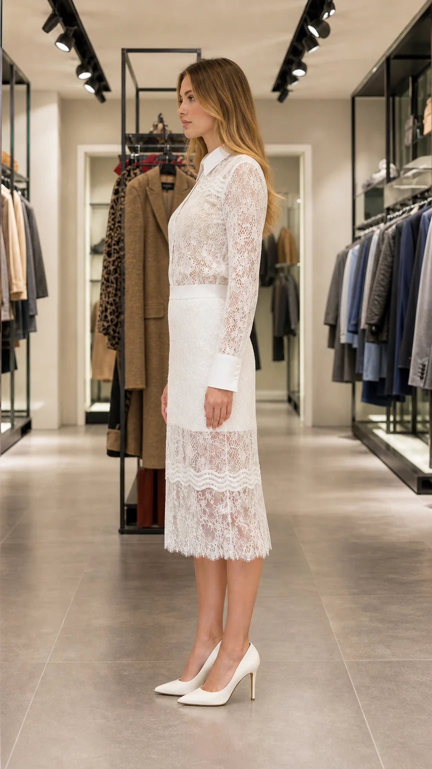 Side profile view of white lace two-piece outfit