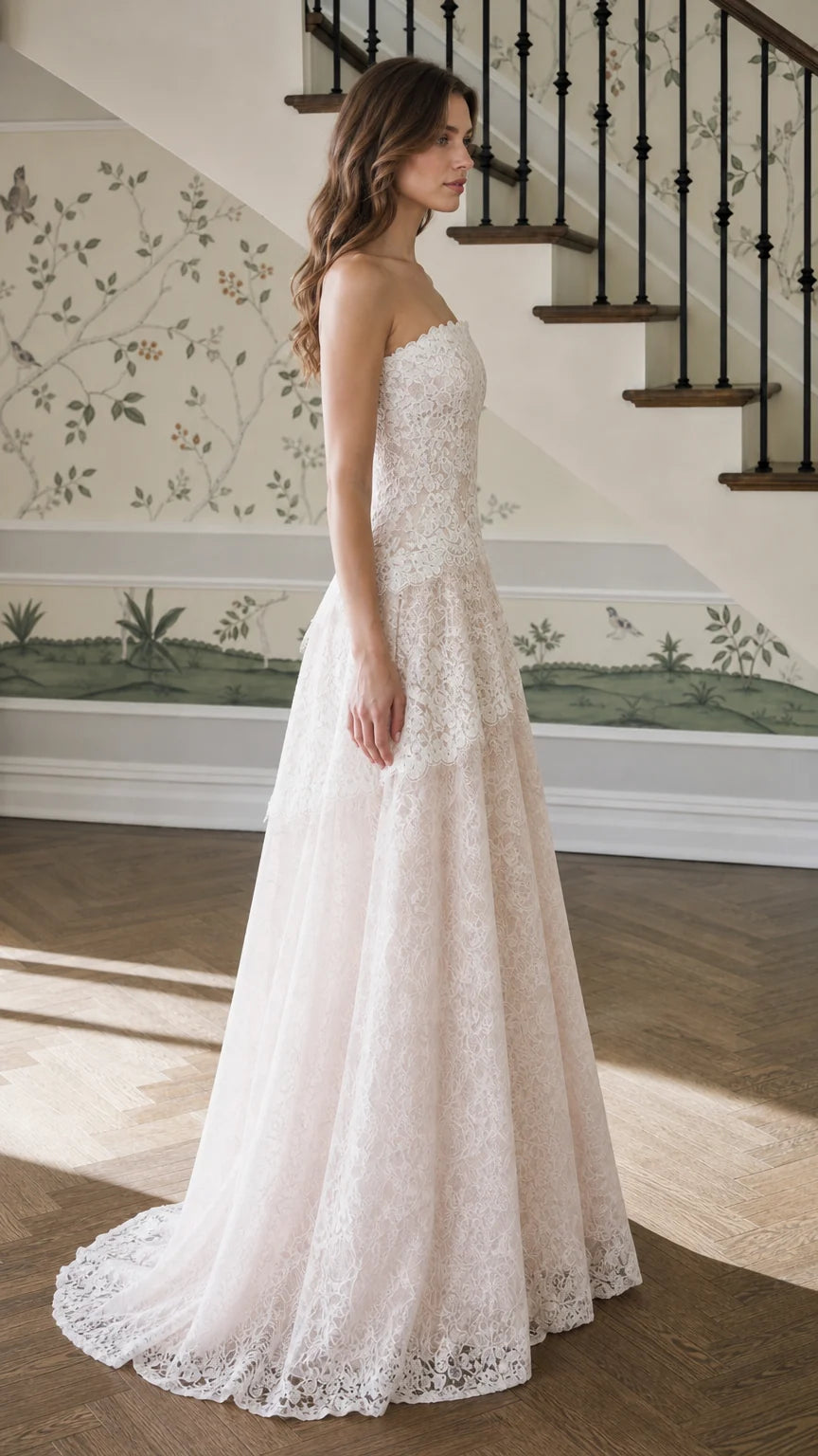 Side profile view of champagne lace evening dress