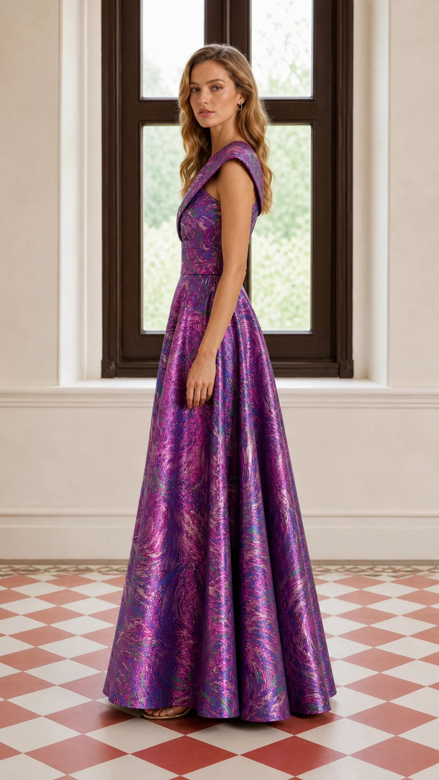 One-Shoulder Pleated Metallic A-Line Maxi Evening Gown in Purple side view