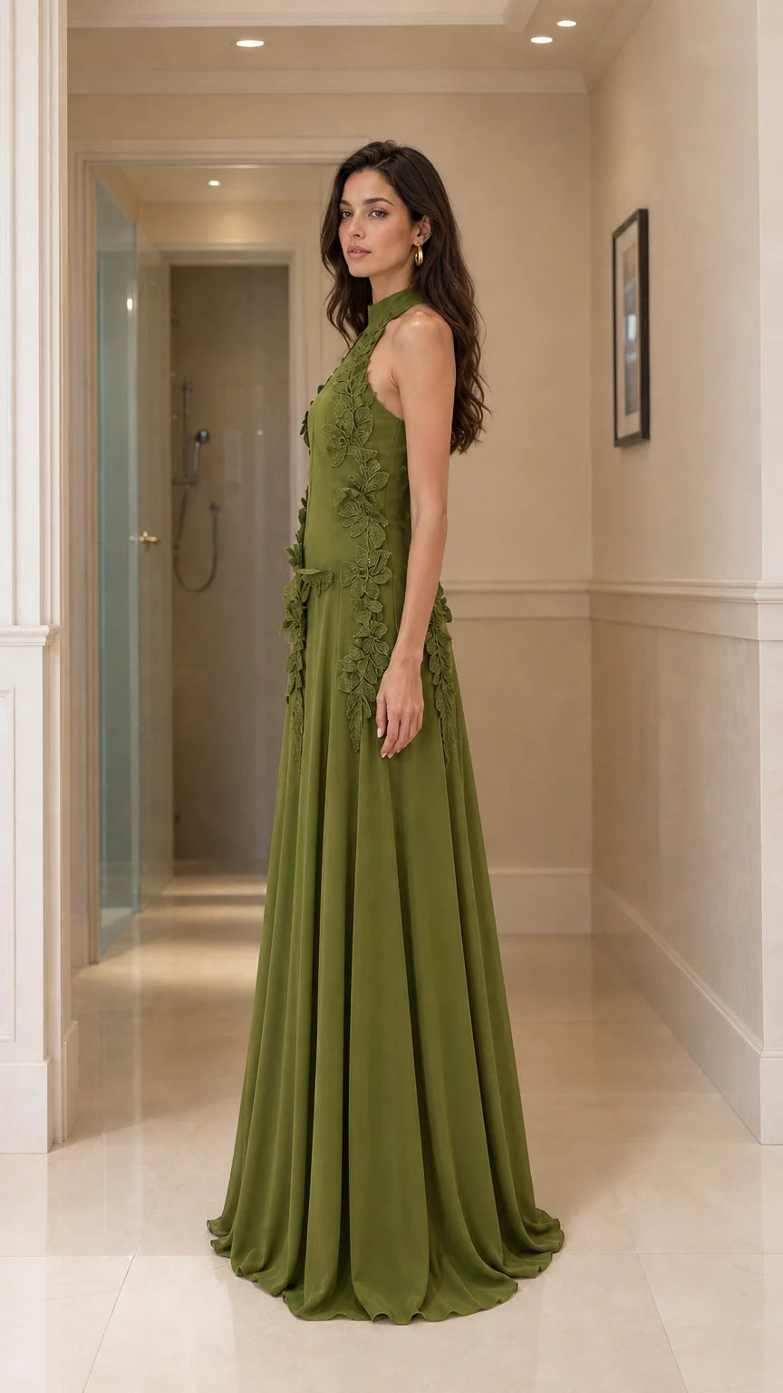 Side profile of olive green evening gown
