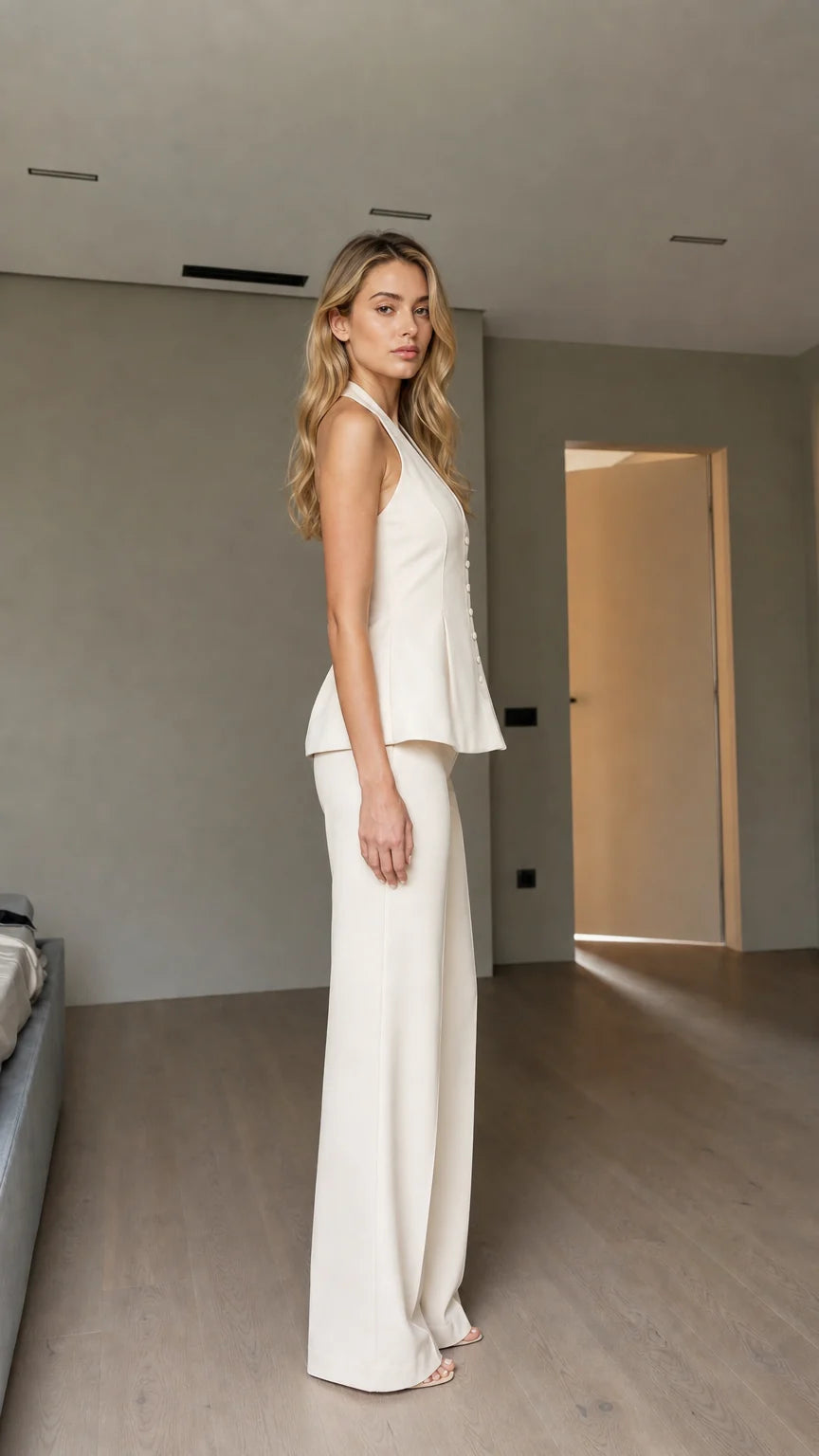 Model wearing white pants set side view
