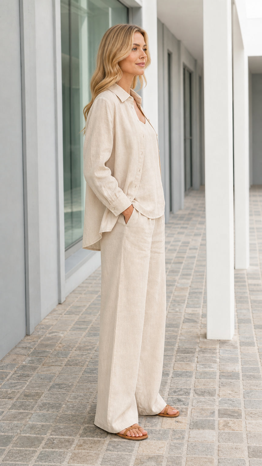 Side profile of woman in beige 3-piece coordinate set