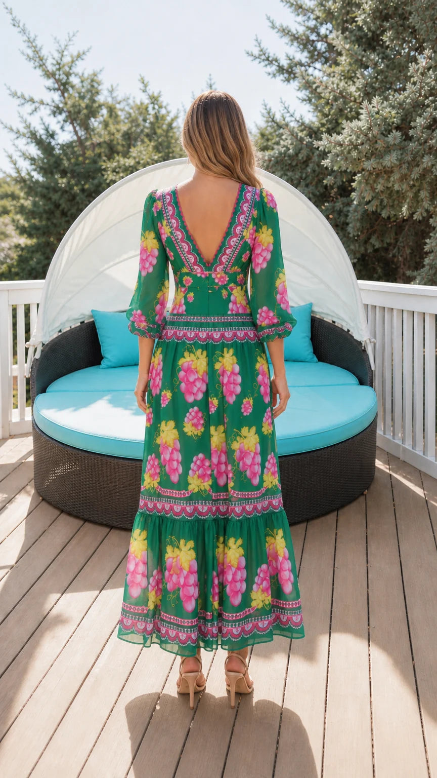 Back view of green floral maxi dress