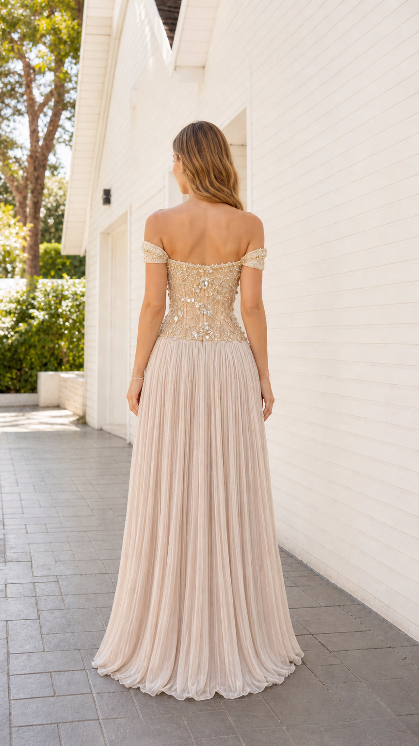 Back view of champagne pleated evening dress