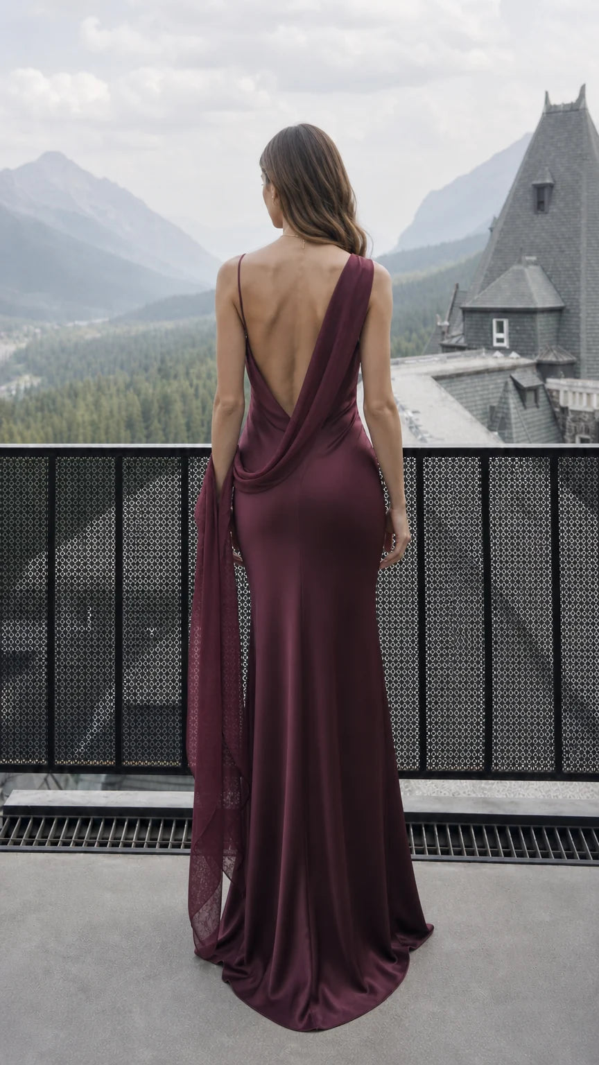 Back view showing low cowl back detail of burgundy evening dress