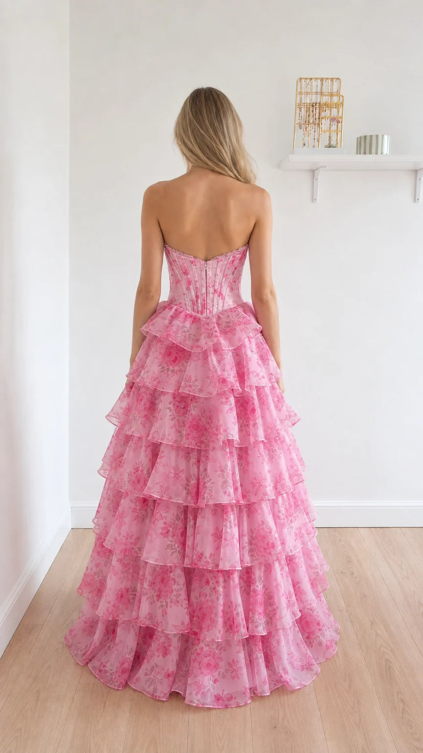 Back view of pink floral maxi dress