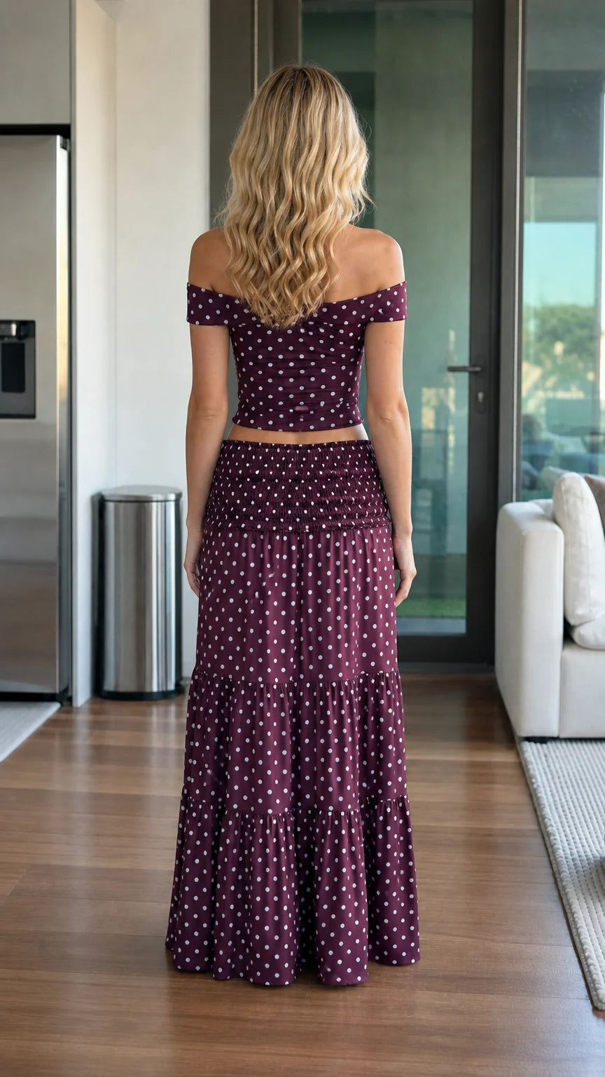 Back view of burgundy tiered maxi skirt set