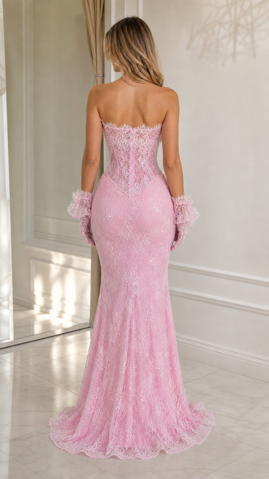 Back view of pink strapless lace mermaid gown