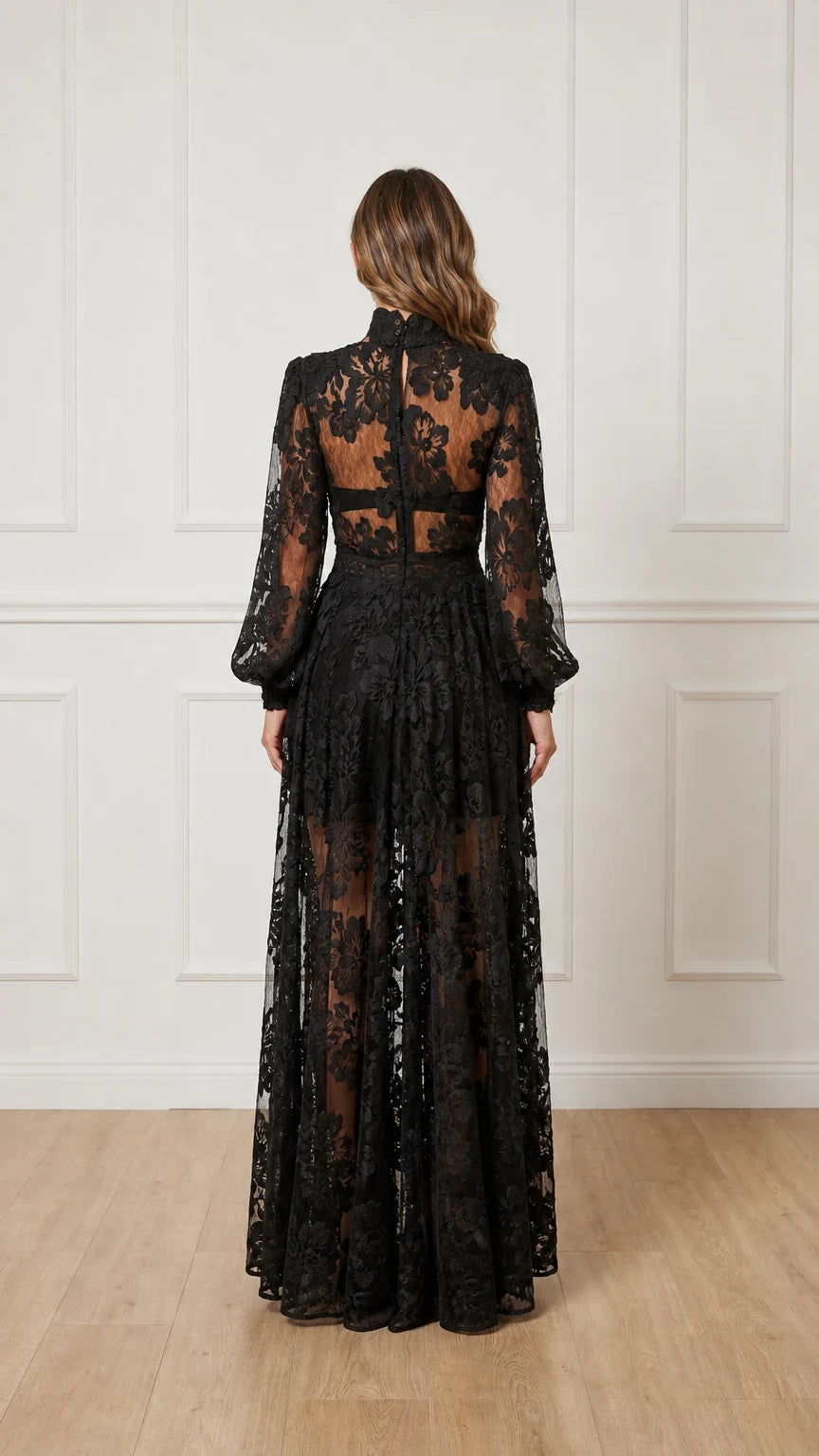 Back view of black floral lace evening gown