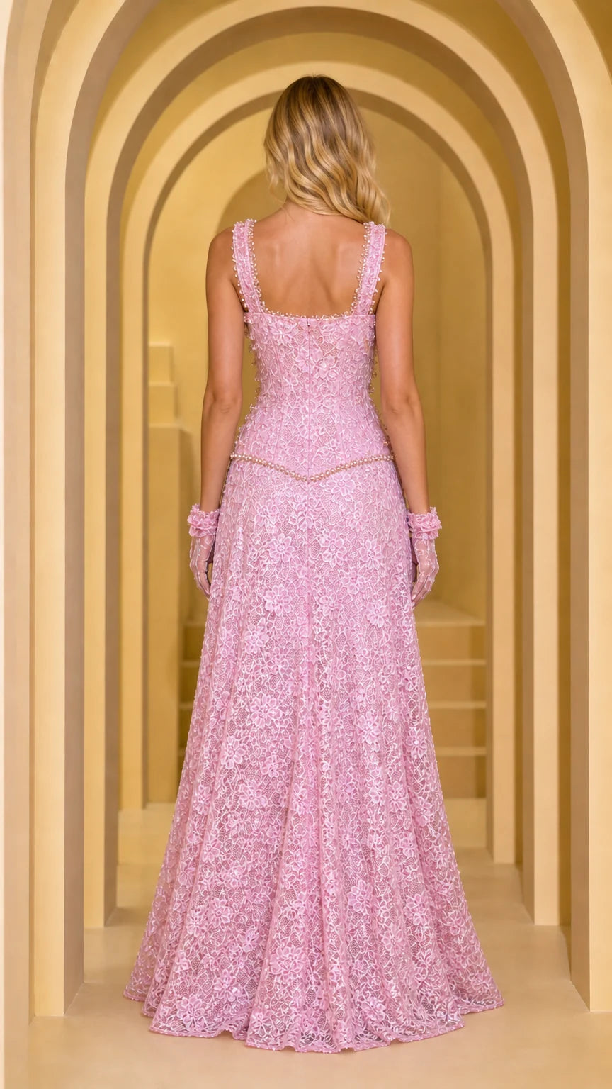 Back view of pink lace evening gown