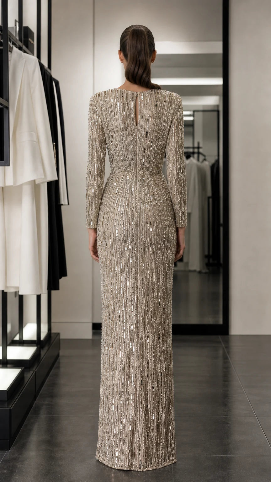 Back view of champagne sequined evening dress