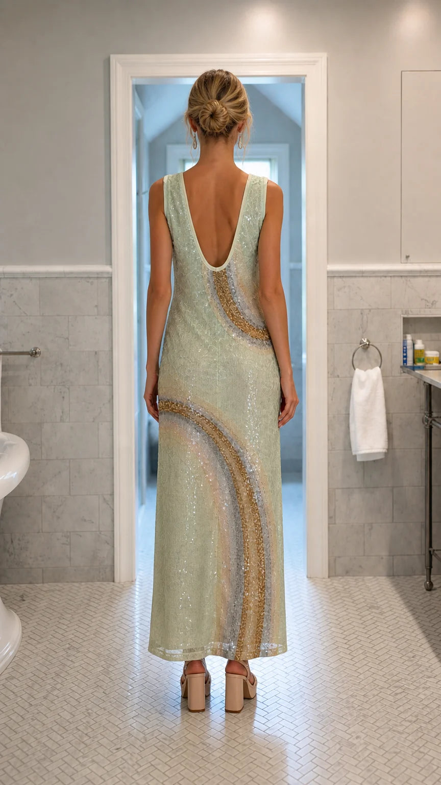 Back view showcasing scoop back detail of mint sequin dress