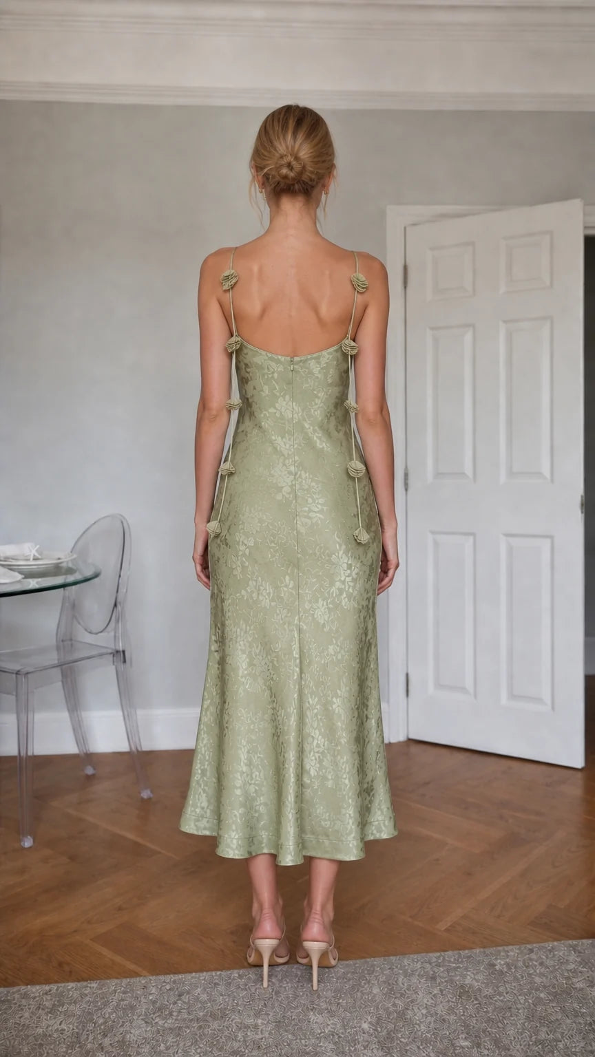 Sage Green satin midi dress back view