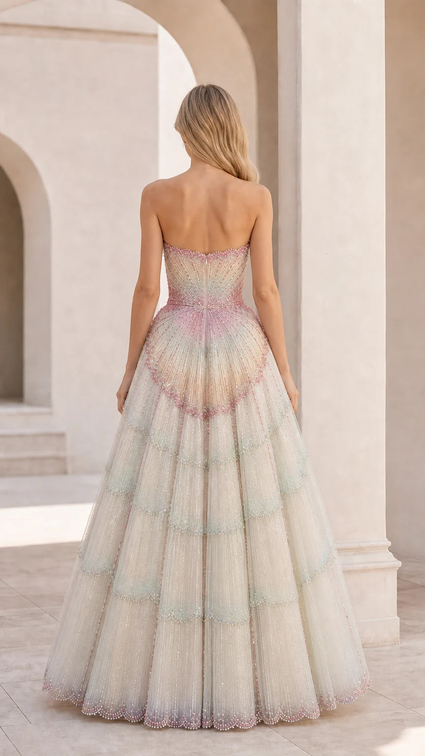 Back view of strapless tiered ball gown