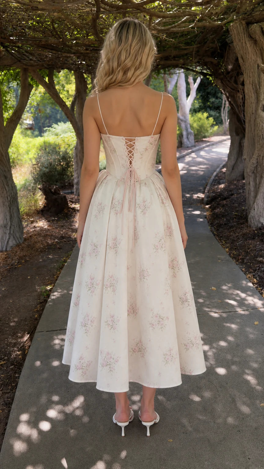 Back view showing lace-up corset detail on cream dress