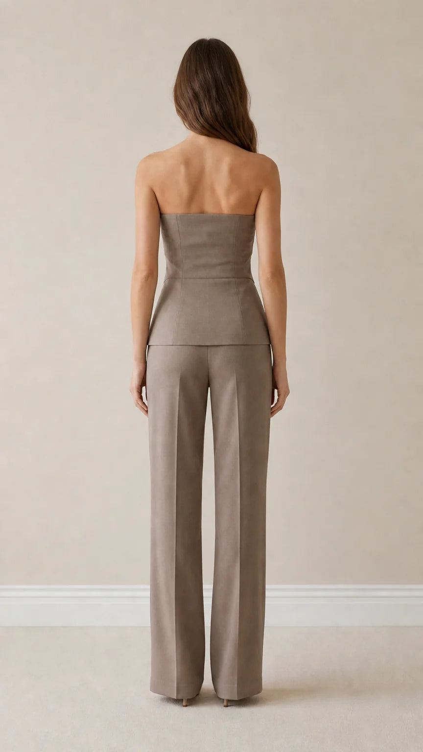Back view of taupe pant set