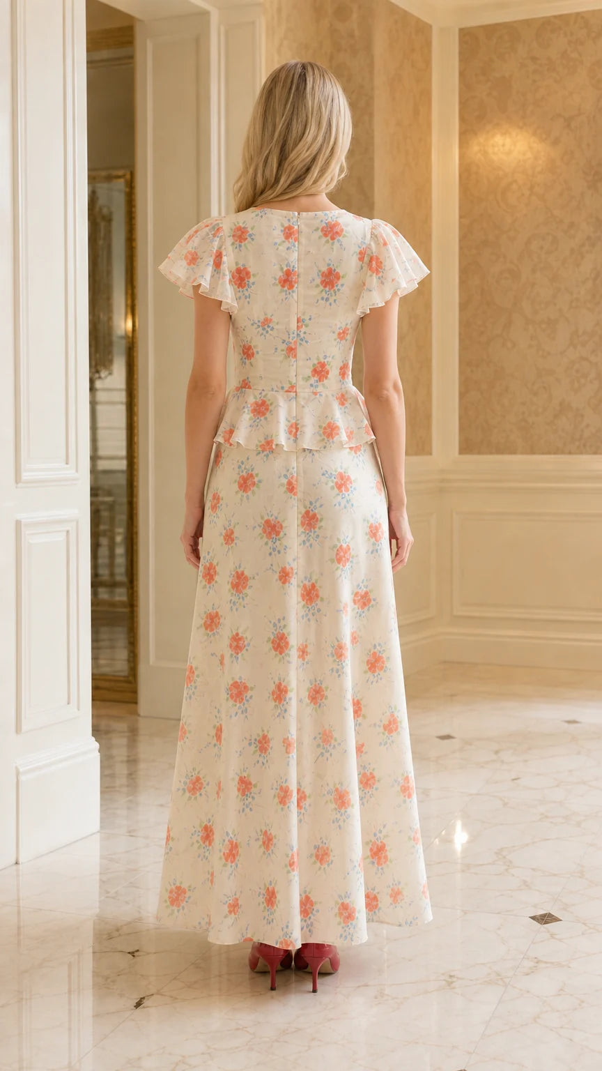 Back view of cream floral print maxi dress