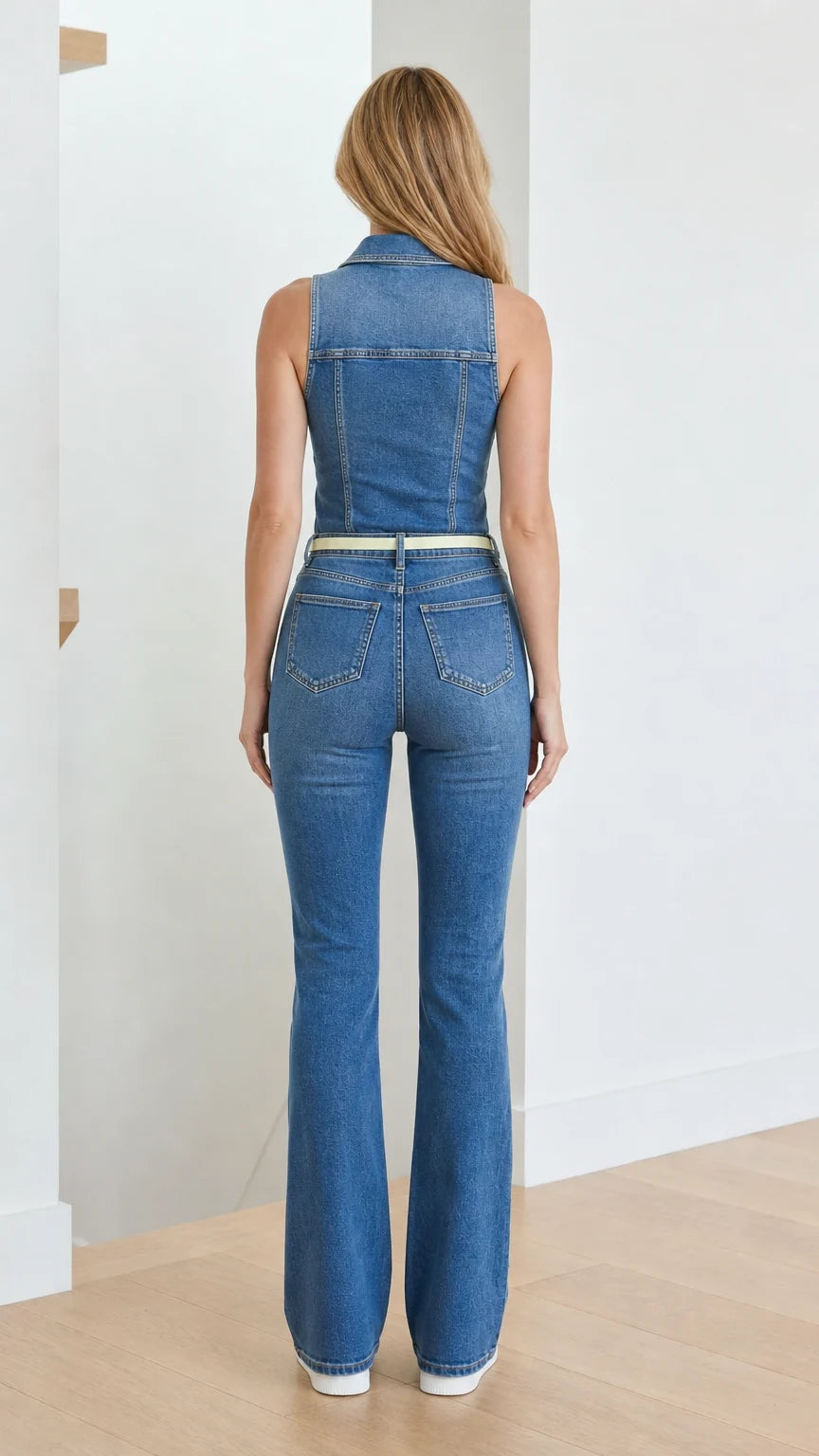 Back view of model wearing blue denim flare jumpsuit