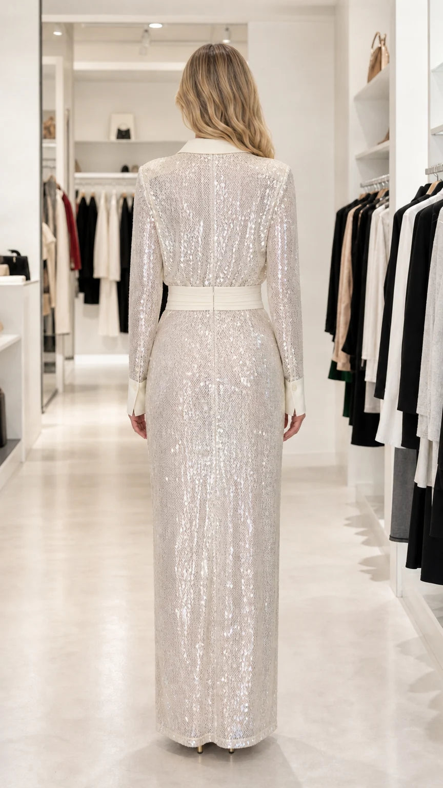 Back view of model in silver sequin maxi dress