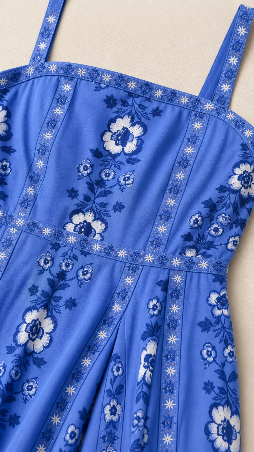 Close-up detail of neckline and floral embroidery