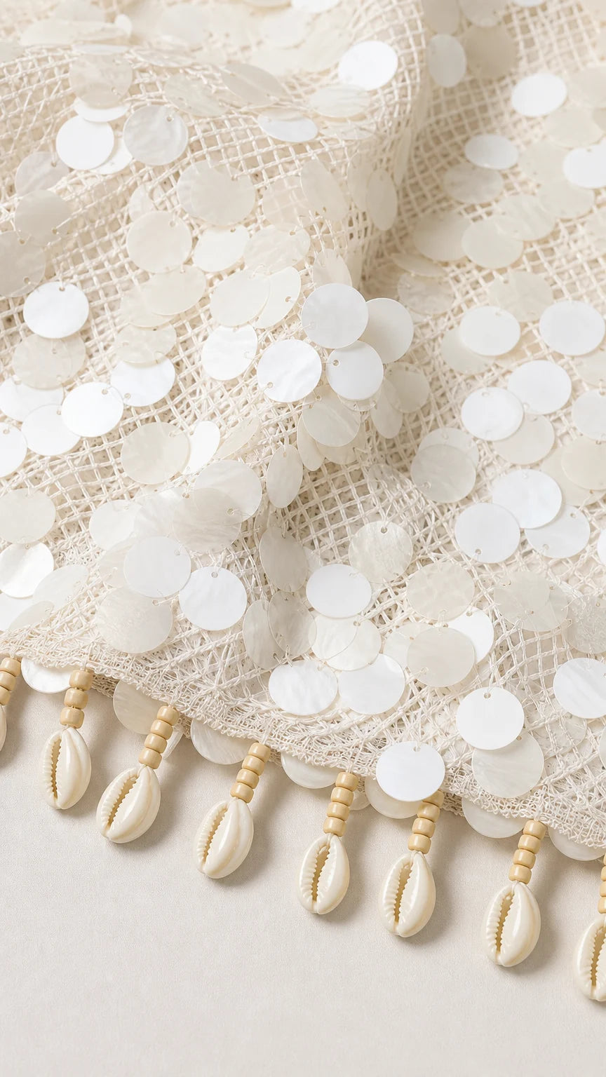 Close-up of fabric showing sequins and shell fringe