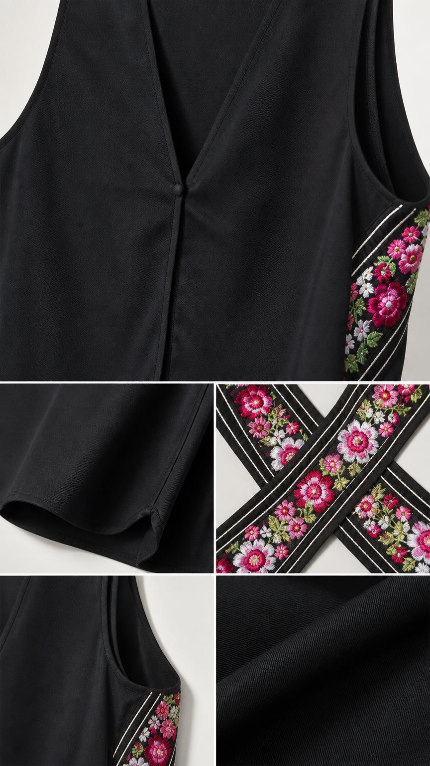 Close-up details of black fabric, floral embroidery trim, button closure, and hemline