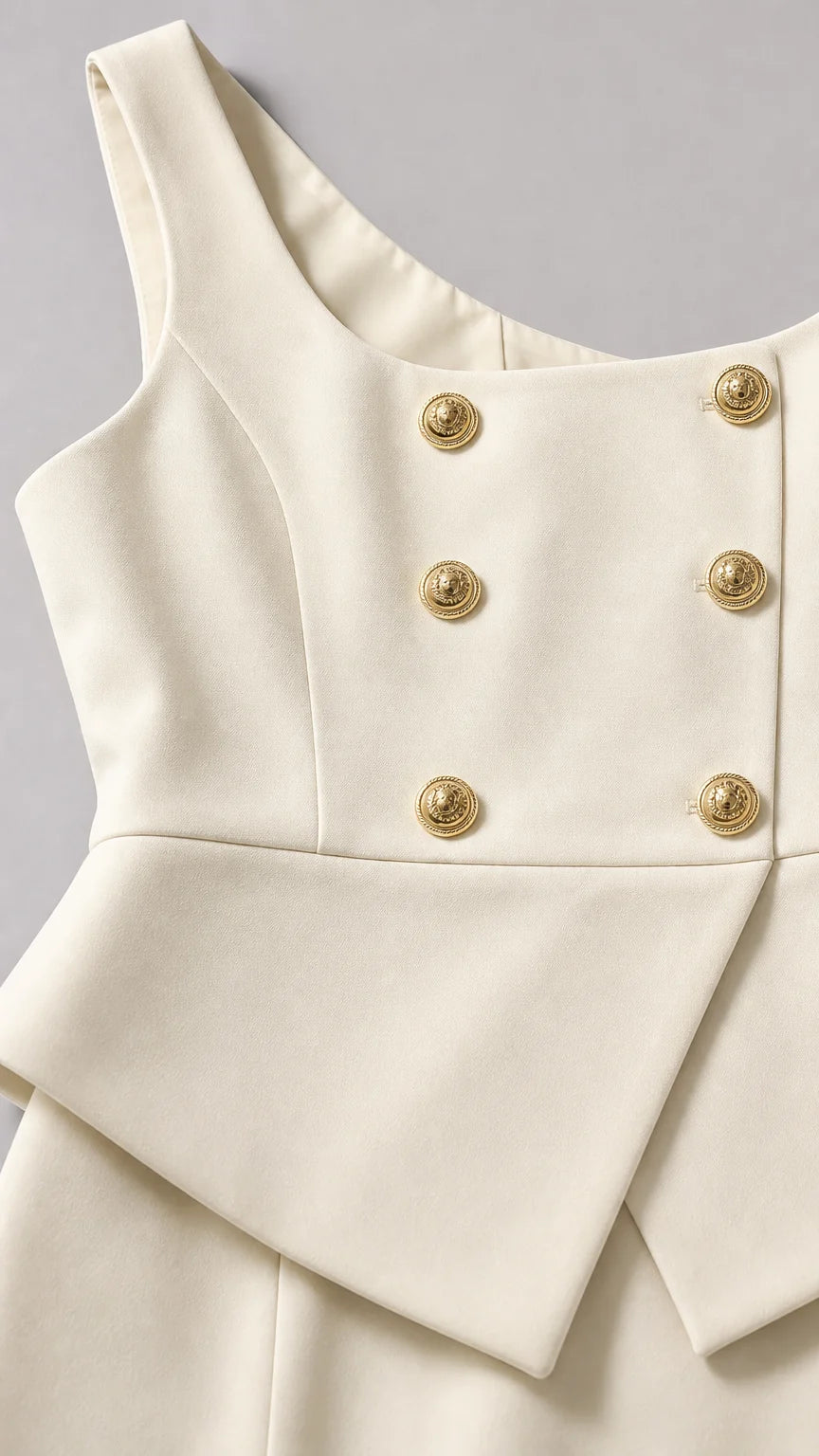 Close up of ivory vest detailing with gold buttons and peplum hem