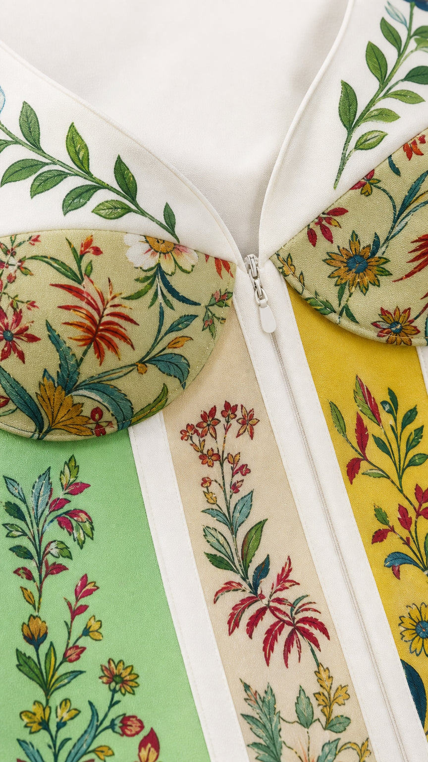 Close-up detail of bodice and vertical floral panels