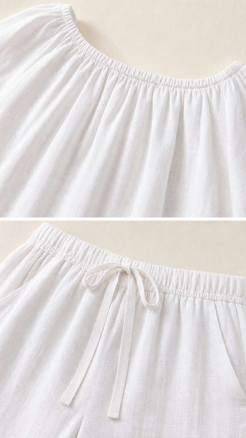 Close-up of neckline and drawstring waist on white set