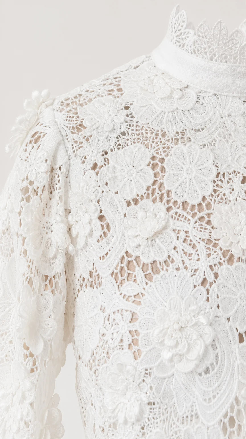 Close-up detail of white floral lace texture and high neckline