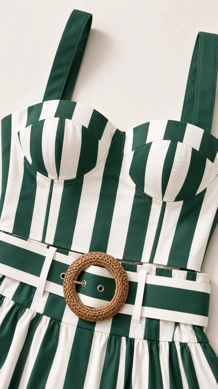 Close-up detail of green striped bustier bodice and woven belt