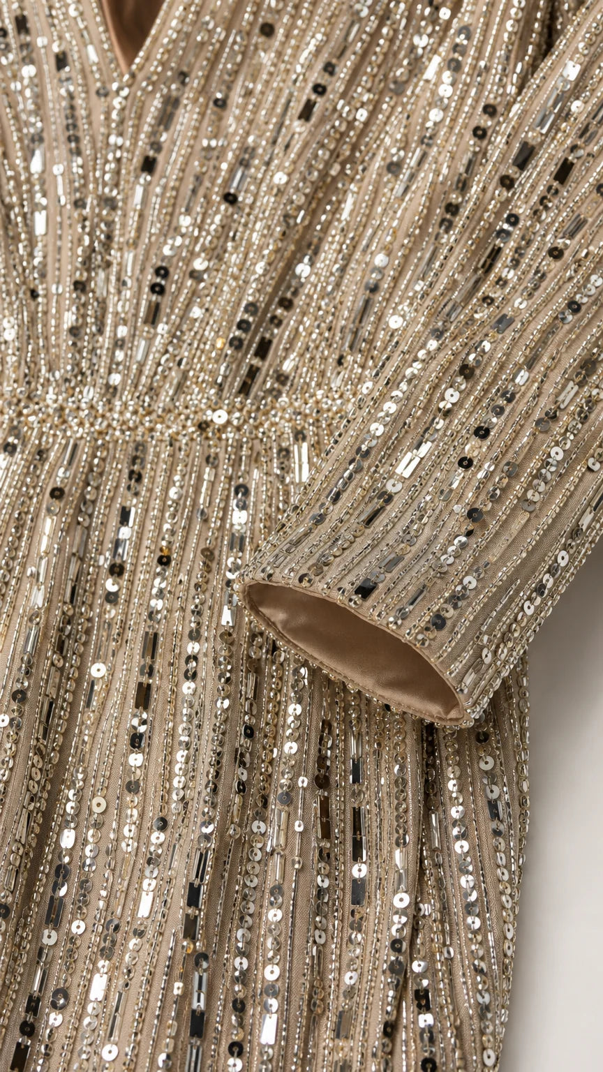 Close-up detail of sequin and bead embellishments on sleeve and bodice