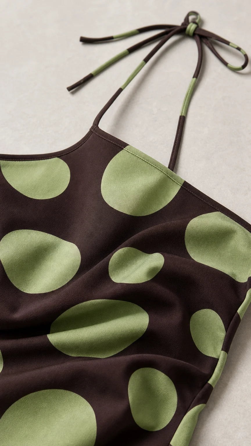 Close-up detail of halter neckline and polka dot fabric