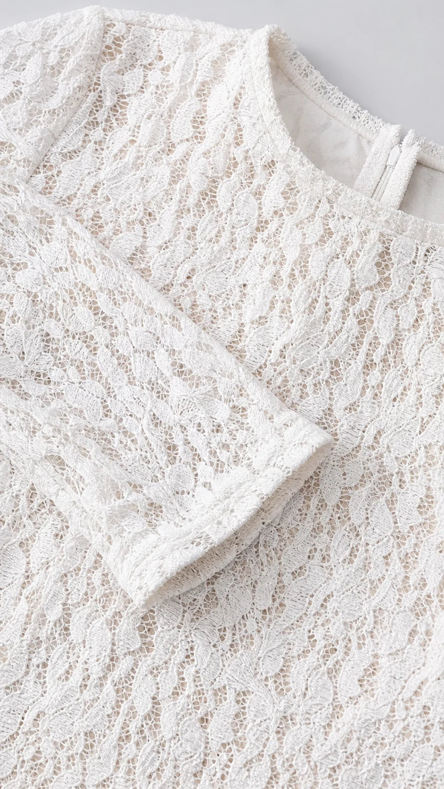 Close-up detail of textured white floral lace fabric and collar
