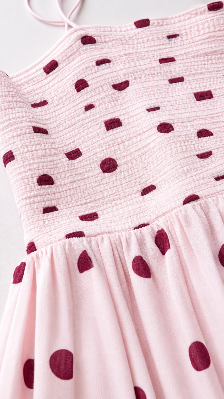 Close-up detail of smocked bodice and polka dot pattern