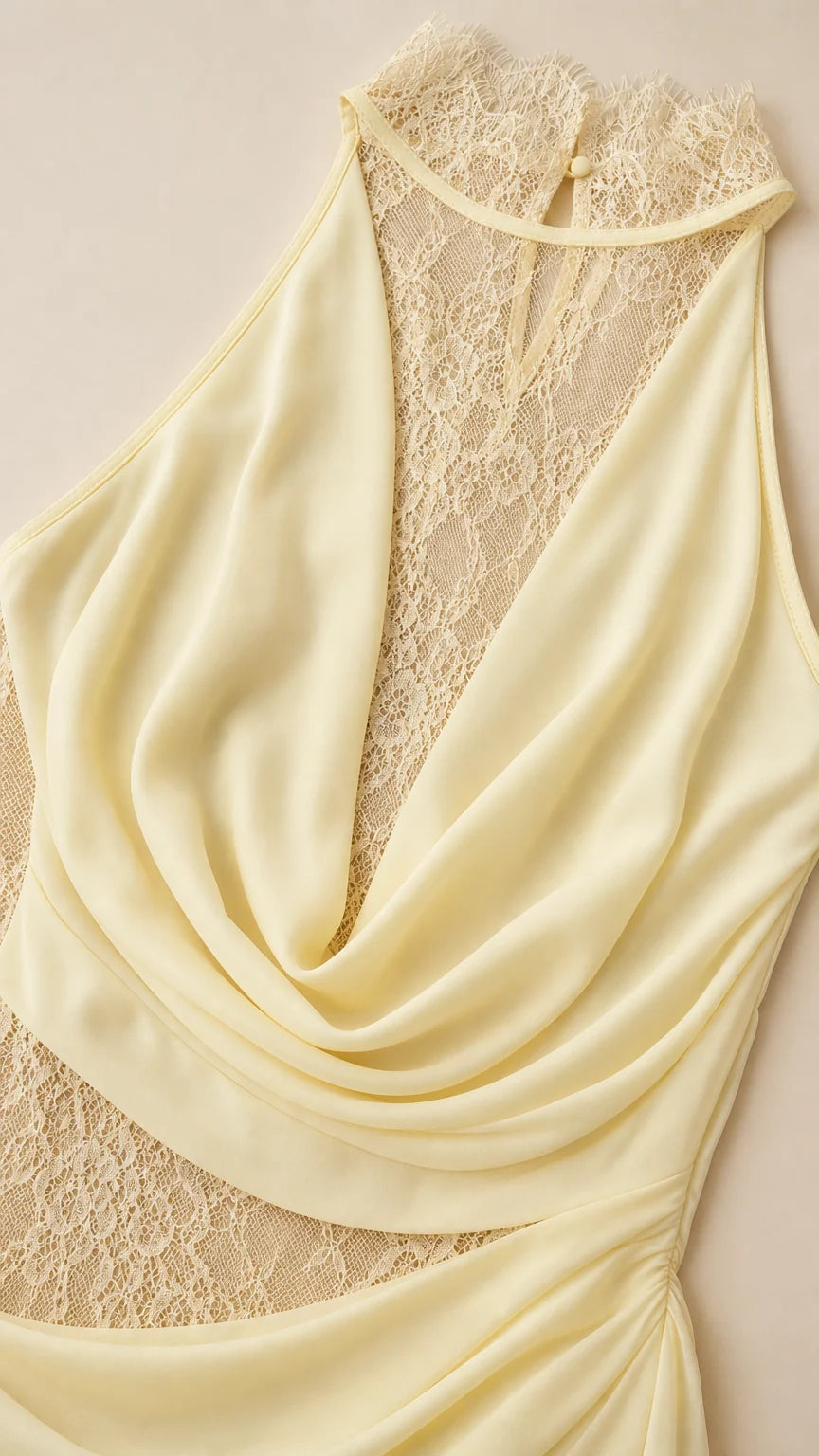 Close-up detail of cowl neck and lace insert