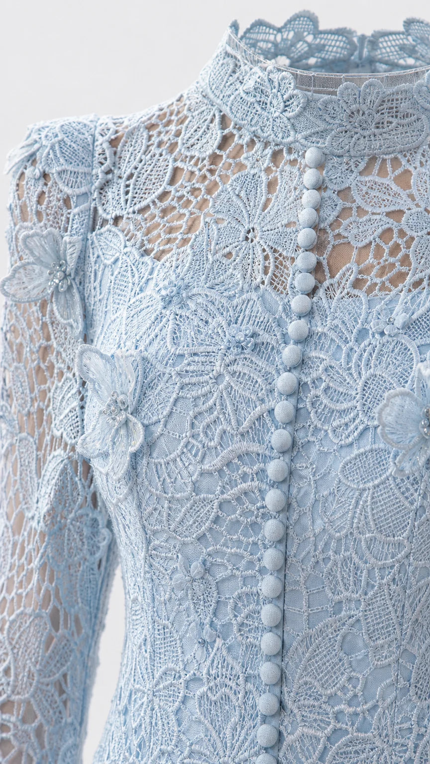 Close-up detail of the high neckline, lace pattern, and covered buttons