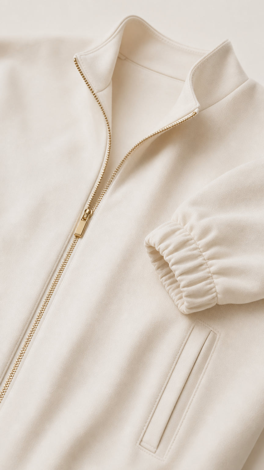 Close-up detail of cream jacket zipper, stand collar, and elasticated sleeve cuff
