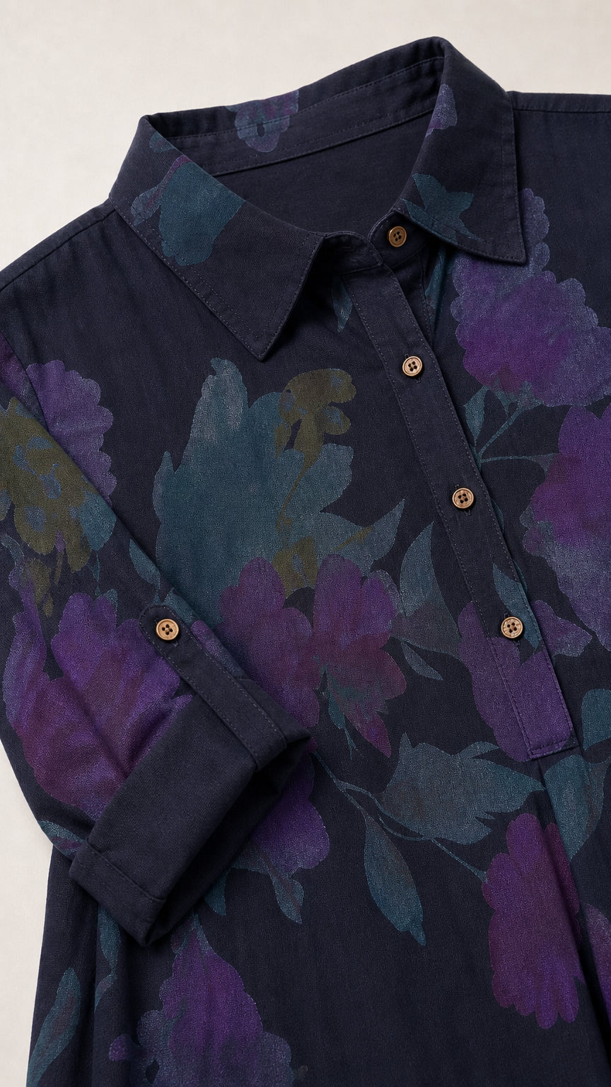 Close-up detail of collar, buttons, and cuff on Navy Blue floral shirt dress