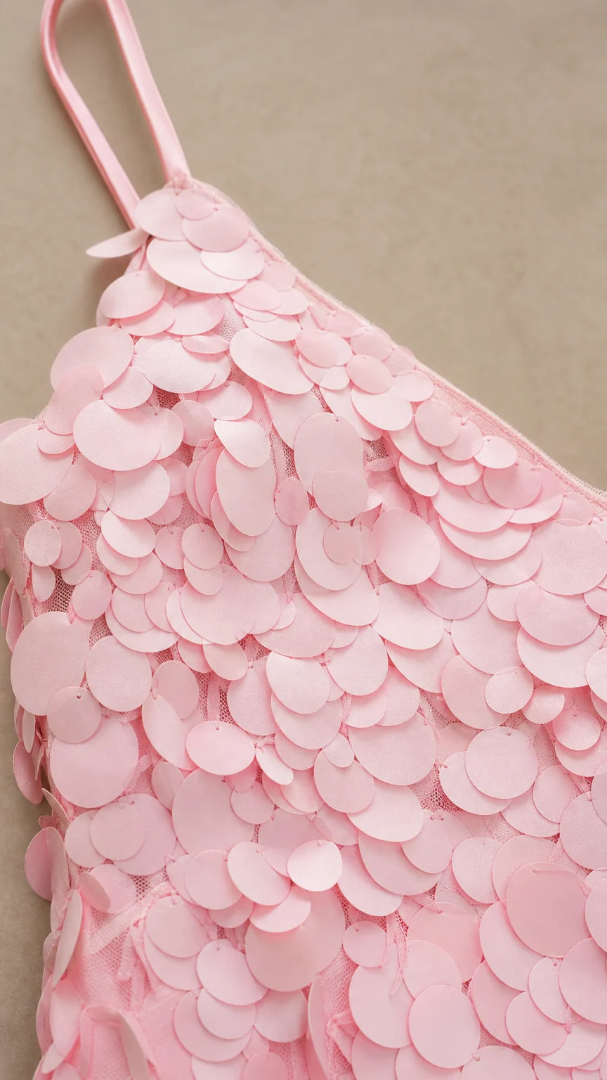 Close-up detail of pink textured 3D petal appliques