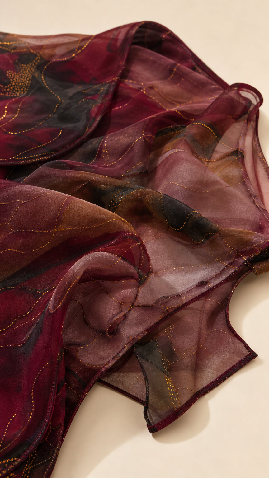 Close-up detail of sheer printed chiffon fabric with subtle woven texture