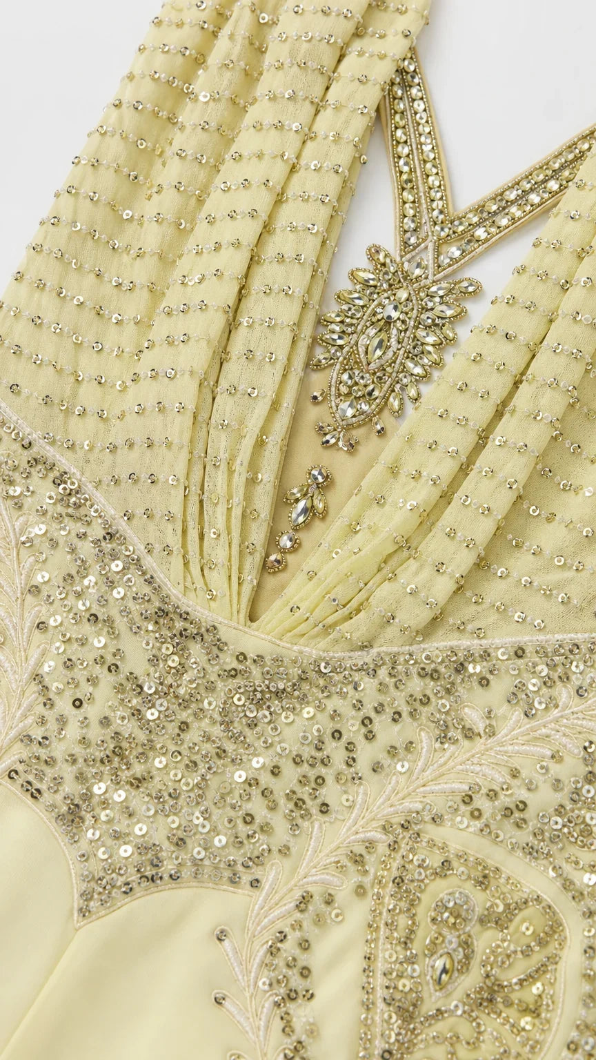 Close-up detail of sequin and bead embroidery on bodice