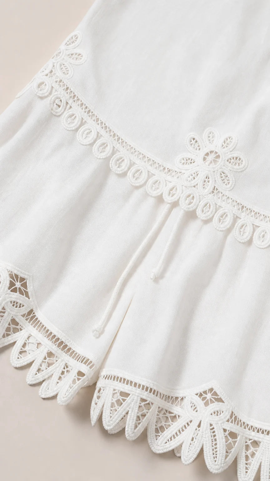 Close-up detail of embroidery and lace hem on white shorts