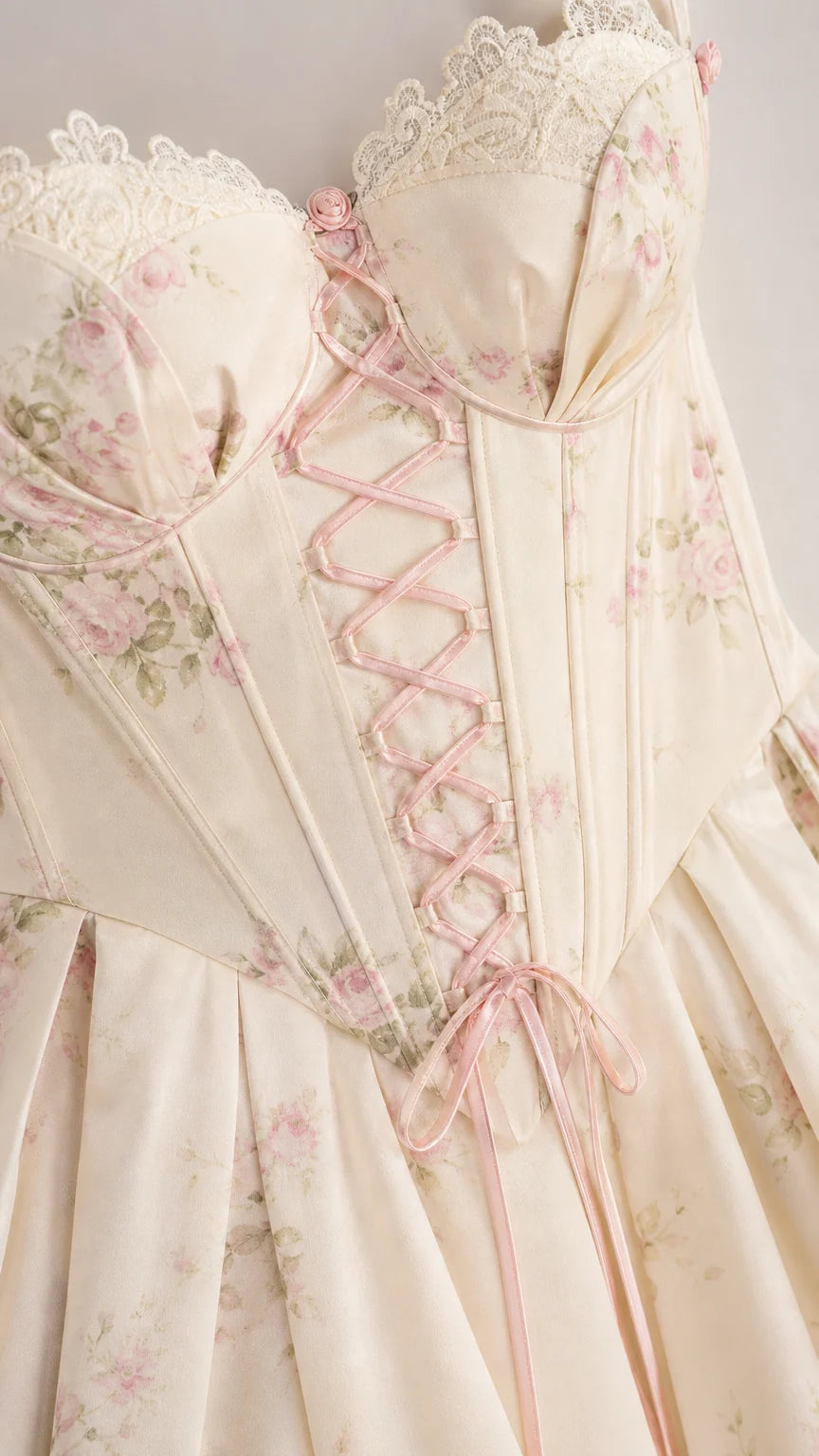 Close-up of lace-up corset bodice with floral print