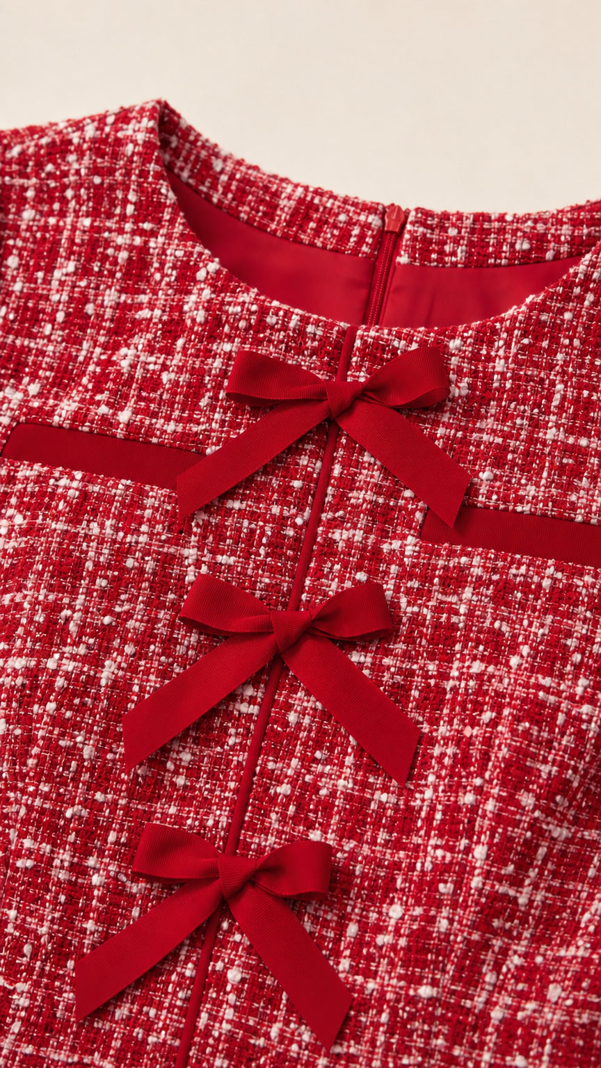 Close-up detail of Red tweed fabric, three ribbon bows, and interior neckline lining
