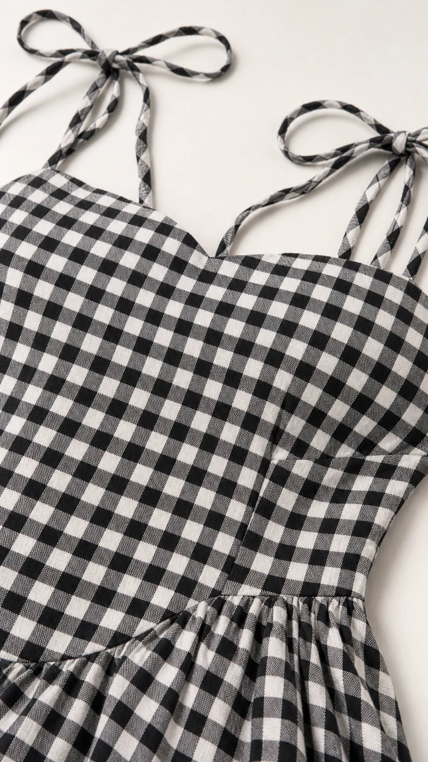 Close-up of fabric texture and tie straps on gingham dress