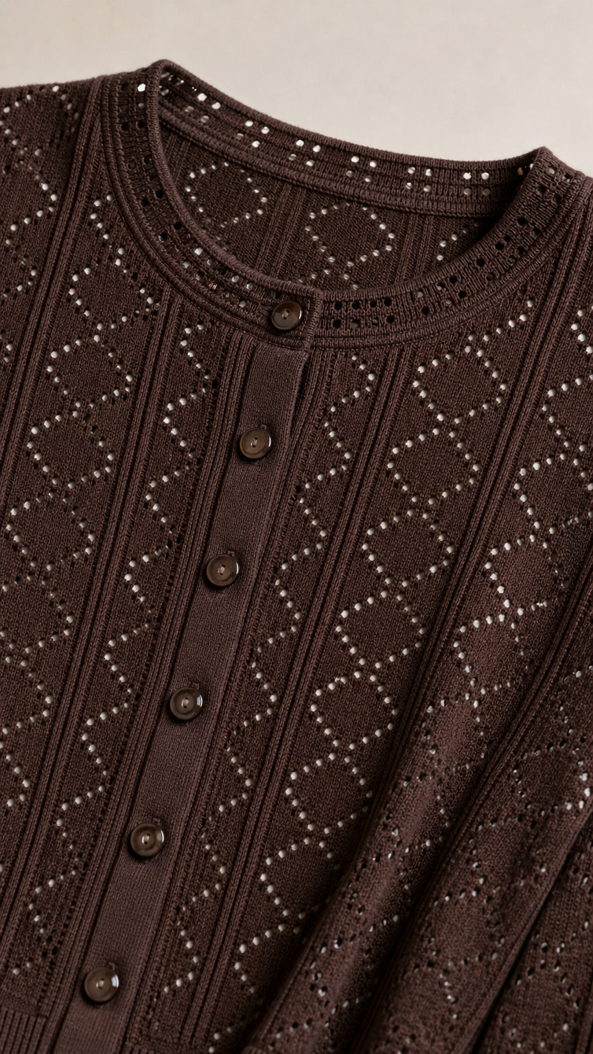 Close-up detail of Chocolate Brown openwork pointelle knit pattern and buttons