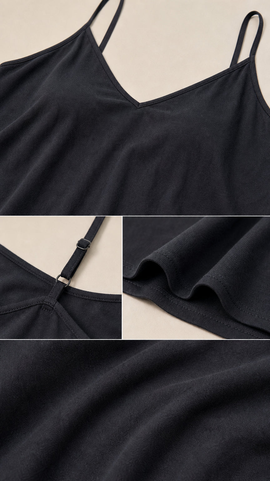 Close-up details of black slip dress neckline, strap adjuster, and hem